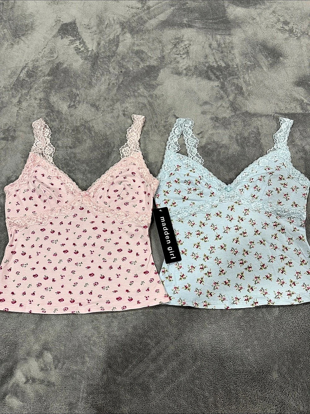 madden girl Floral Lace Trim Cami Floral Camisole Set Pink & Blue NWT